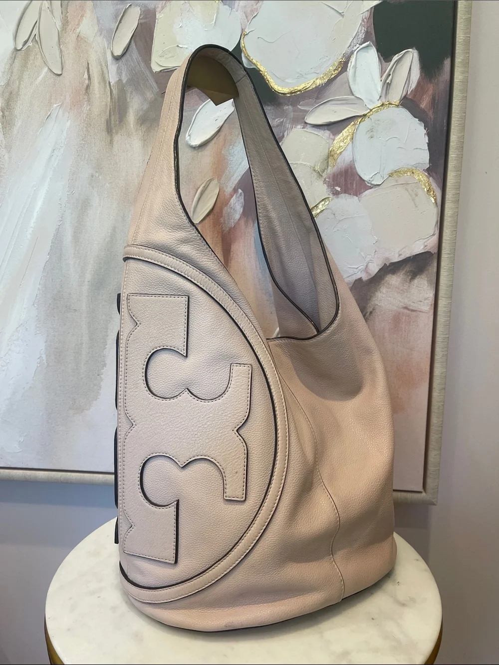 Tory Burch Pale Blush All T Leather Shoulder Hobo